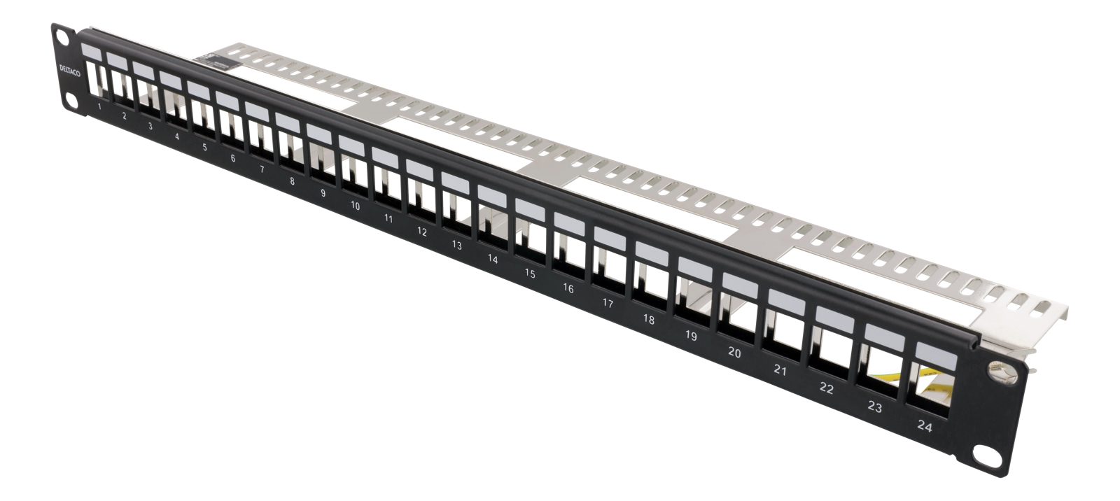 19" Patchpanel Deltaco, 24xRJ45, 1U, Keystone, kabelstöd, svart, bild 3