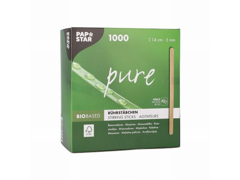Omrörningspinnar, Papstar Pure, trä, 14 cm x 5 mm, förpackning med 1 000 st