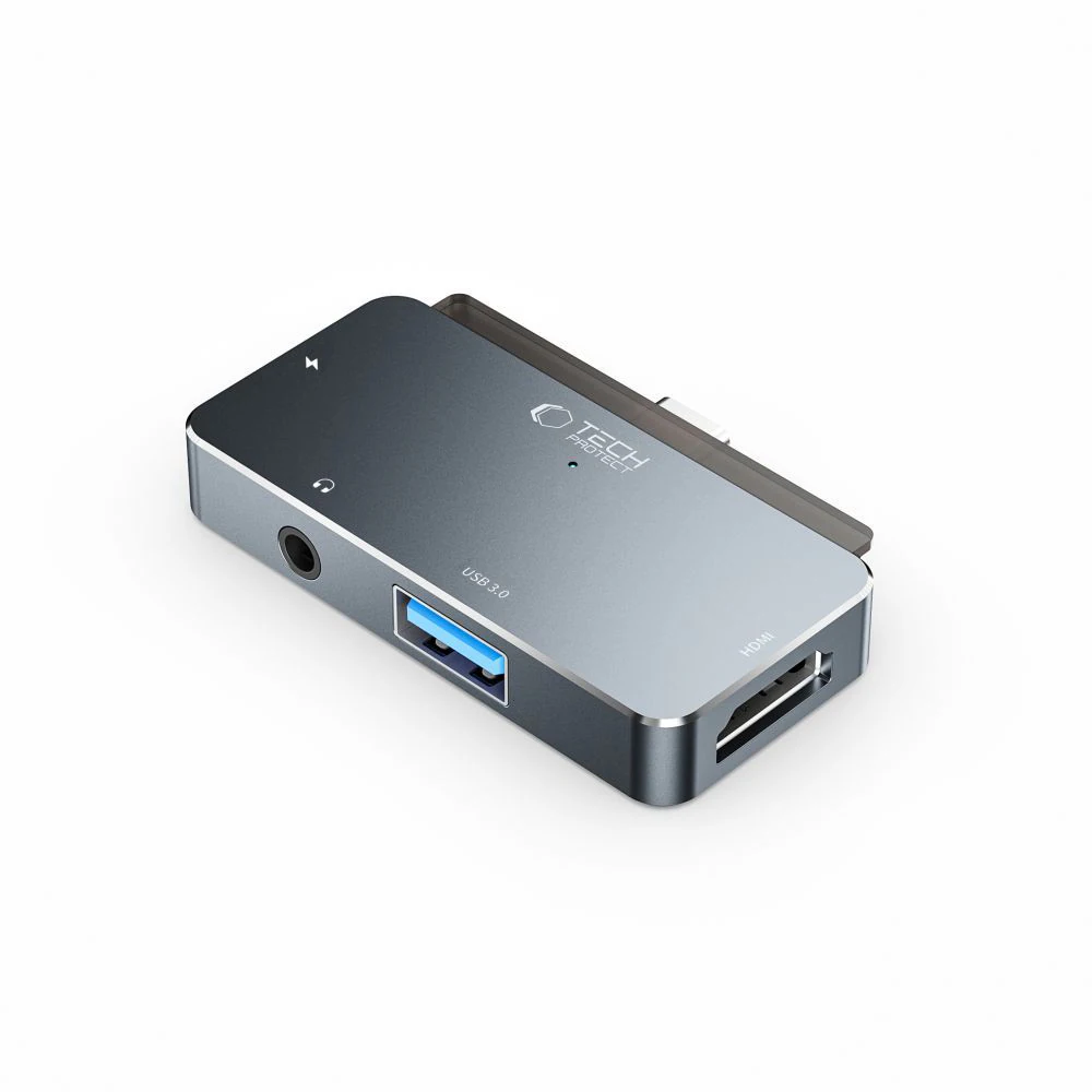 HUB Tech-Protect V6 4in1 USB-C - USB-A 3.0 / USB-C PD100W / HDMI / minijack 3,5mm - grå, bild 3