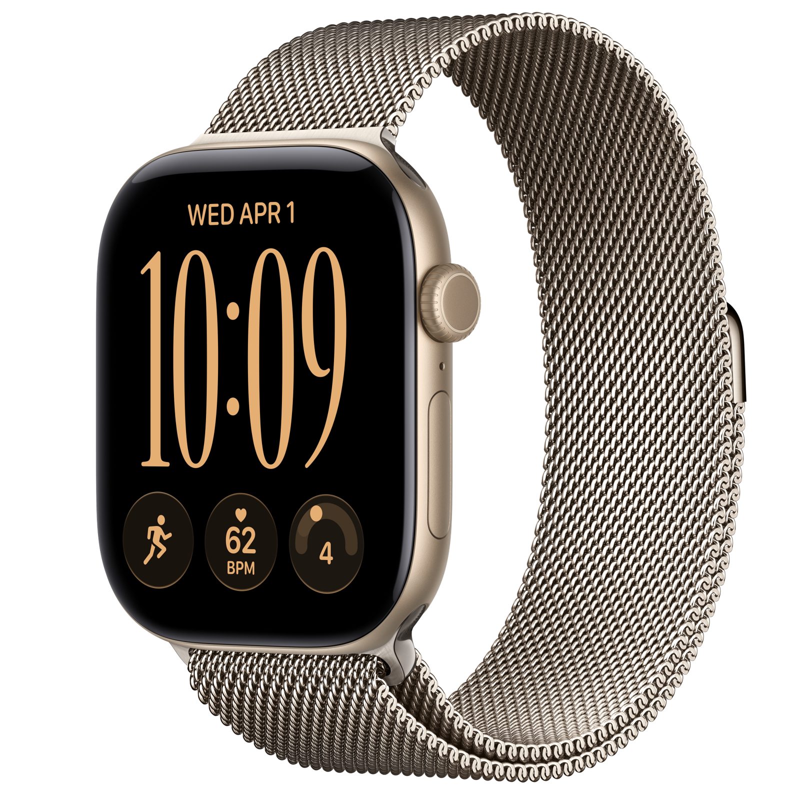 Apple Watch Series 12 (GPS) • Aluminiumboett ljust guld, 46 mm • Milanesisk loop naturlig finish