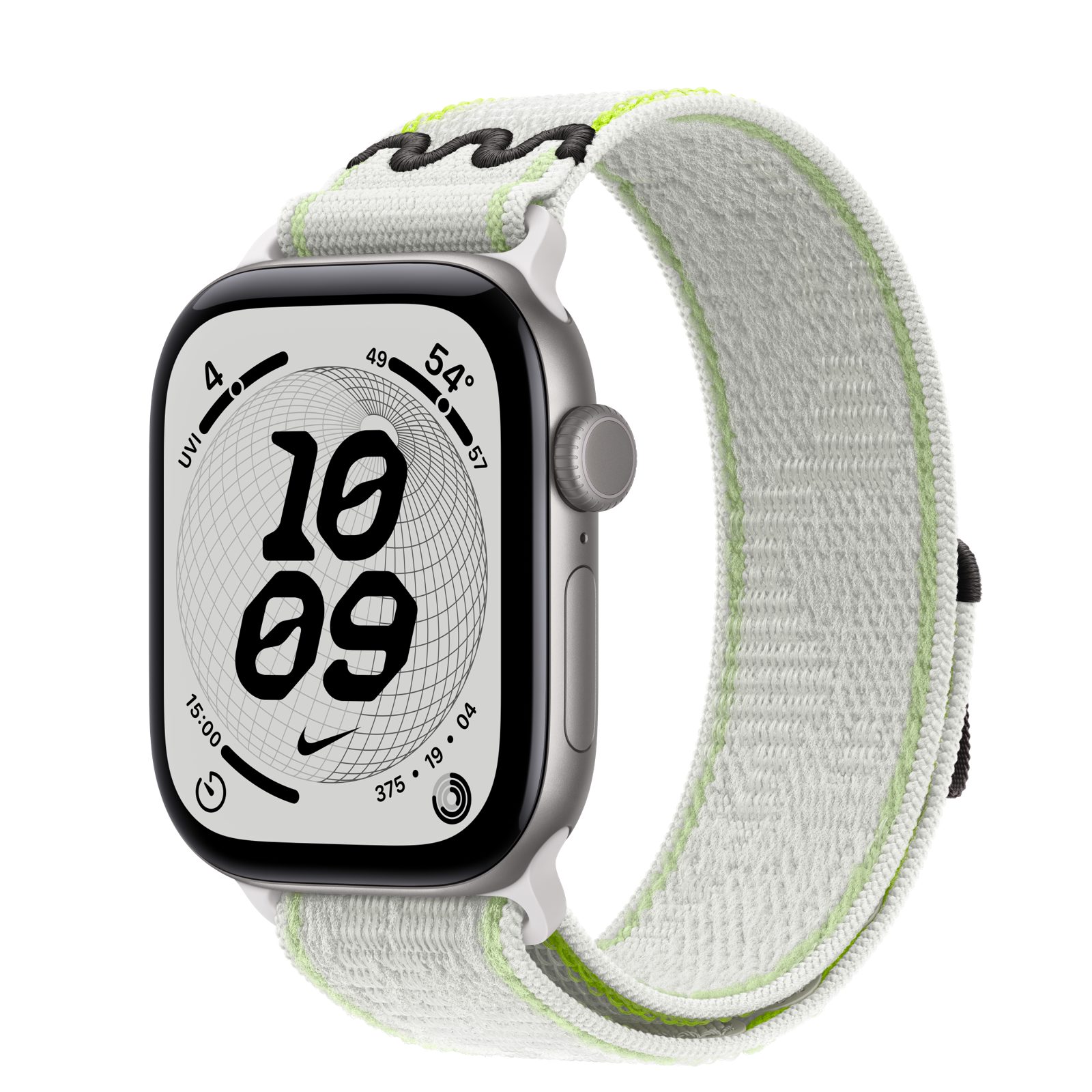 Apple Watch Series 12 (GPS + Cellular) • Aluminiumboett rymdgrå, 42 mm • Nike-sportloop i Essential White