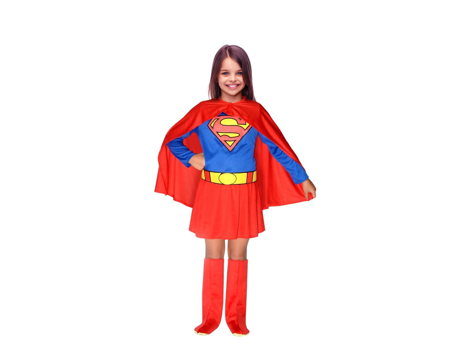 Ciao Supergirl-dräkt, klänning, mantel, bälte och tygstövlar, 8-10 år