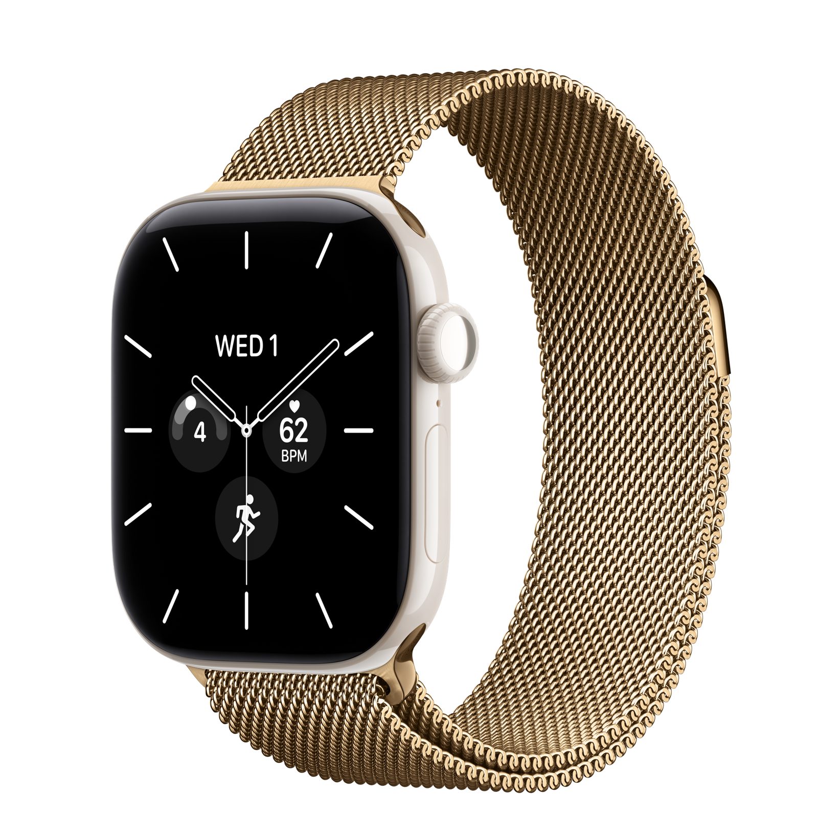Apple Watch Series 12 (GPS + Cellular) • Keramikboett pärlvit, 42 mm • Milanesisk loop skinande guld