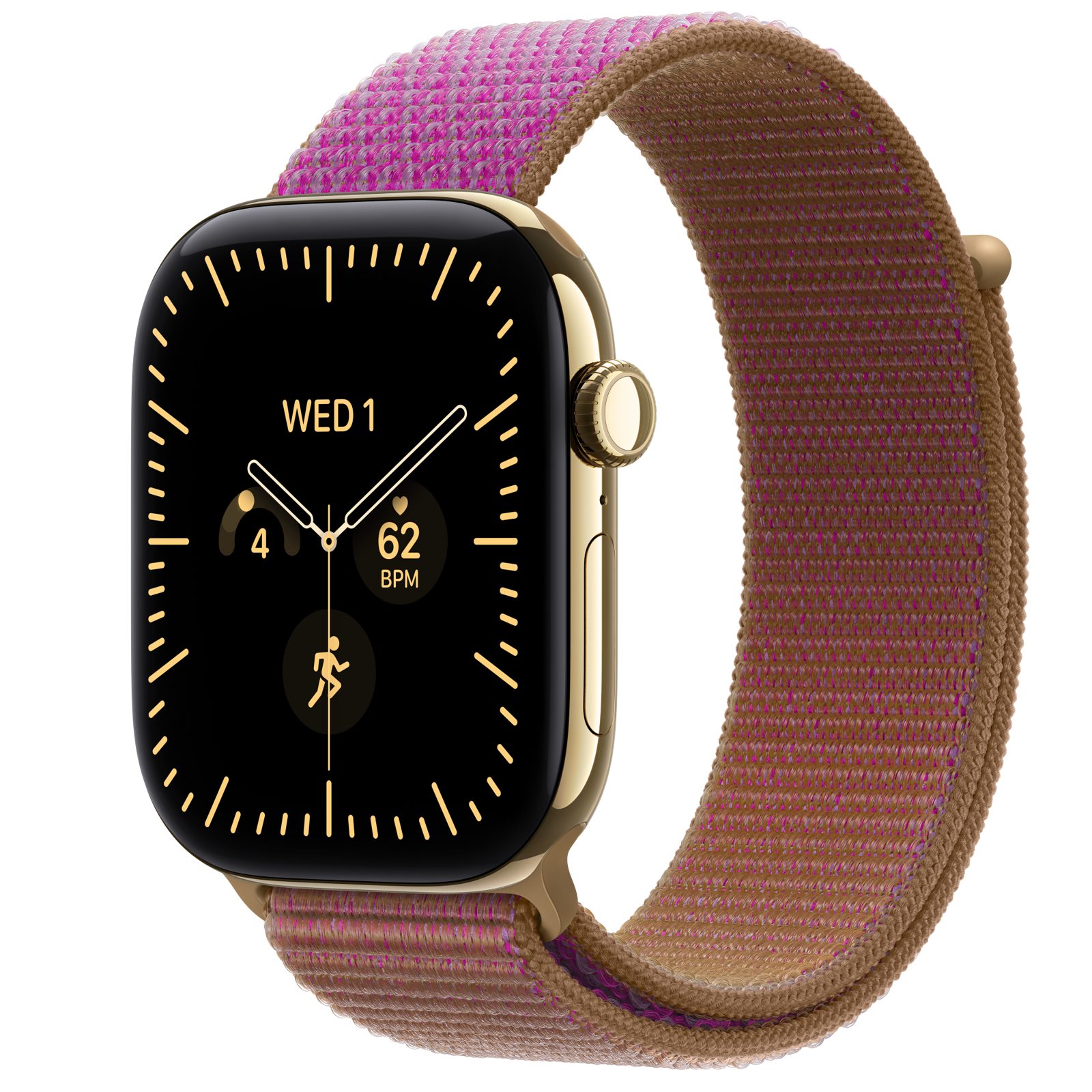 Apple Watch Series 12 (GPS + Cellular) • Titanboett skinande guld, 46 mm • Sportloop magenta