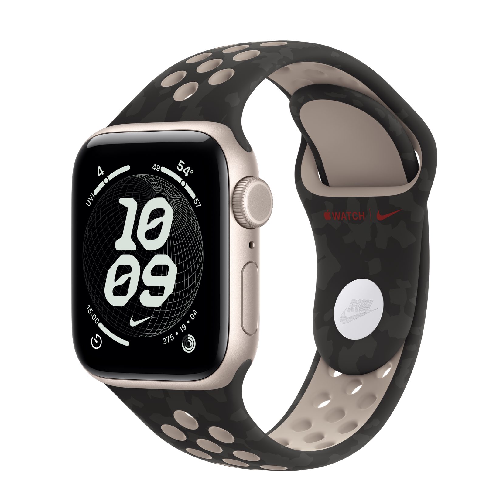 Apple Watch SE 3 (GPS + Cellular) • Aluminiumboett stjärnglans, 40 mm • Nike-sportband i After Dark Black