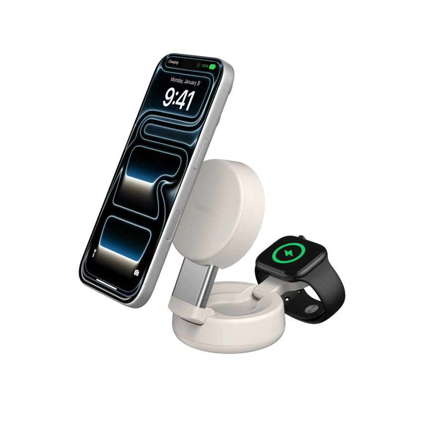 Belkin UltraCharge Compact 2-i-1 Magnetisk Laddningsstation med Qi2 25W -Sand