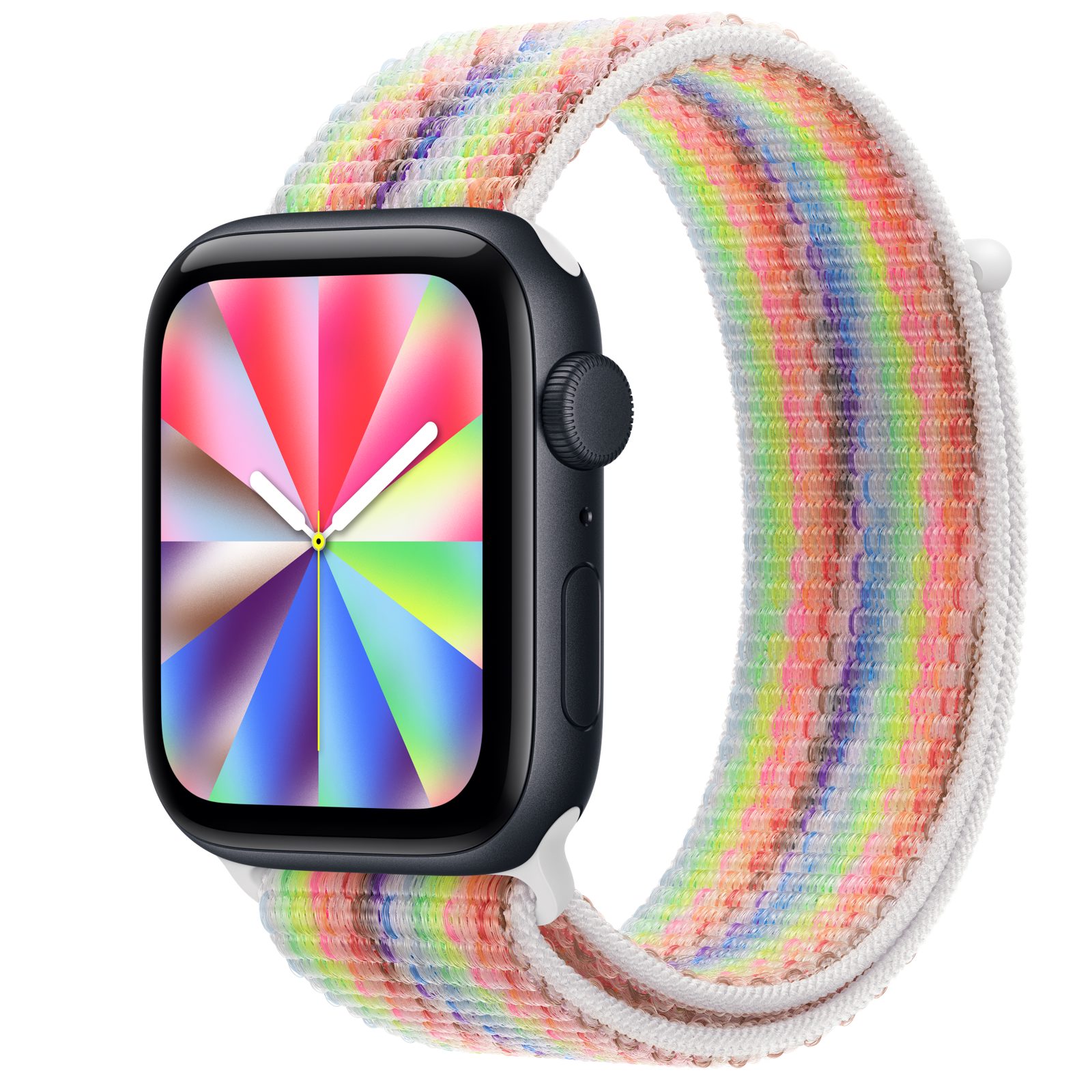 Apple Watch SE 3 (GPS) • Aluminiumboett midnatt, 44 mm • Sportloop Pride Edition