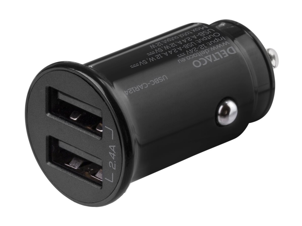 DELTACO USB-CAR124 - Strömadapter för bil - 12 Watt - 2.4 A - 2 utdatakontakter (USB) - svart