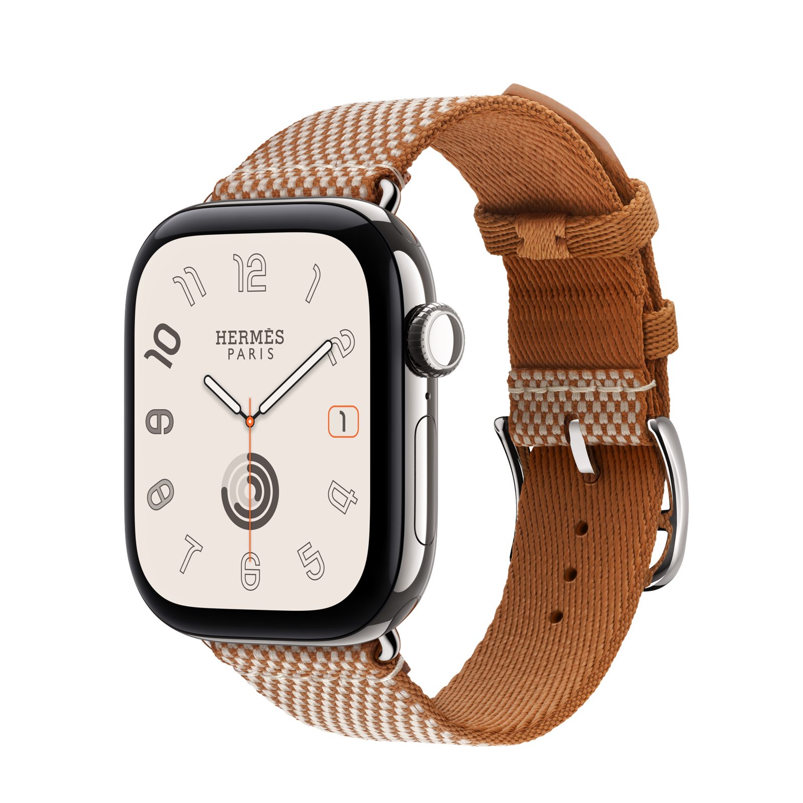 Apple Watch Hermès Series 12 (GPS + Cellular) • Titanboett silver, 42 mm • Toile H Simple Tour i Gold/Écru