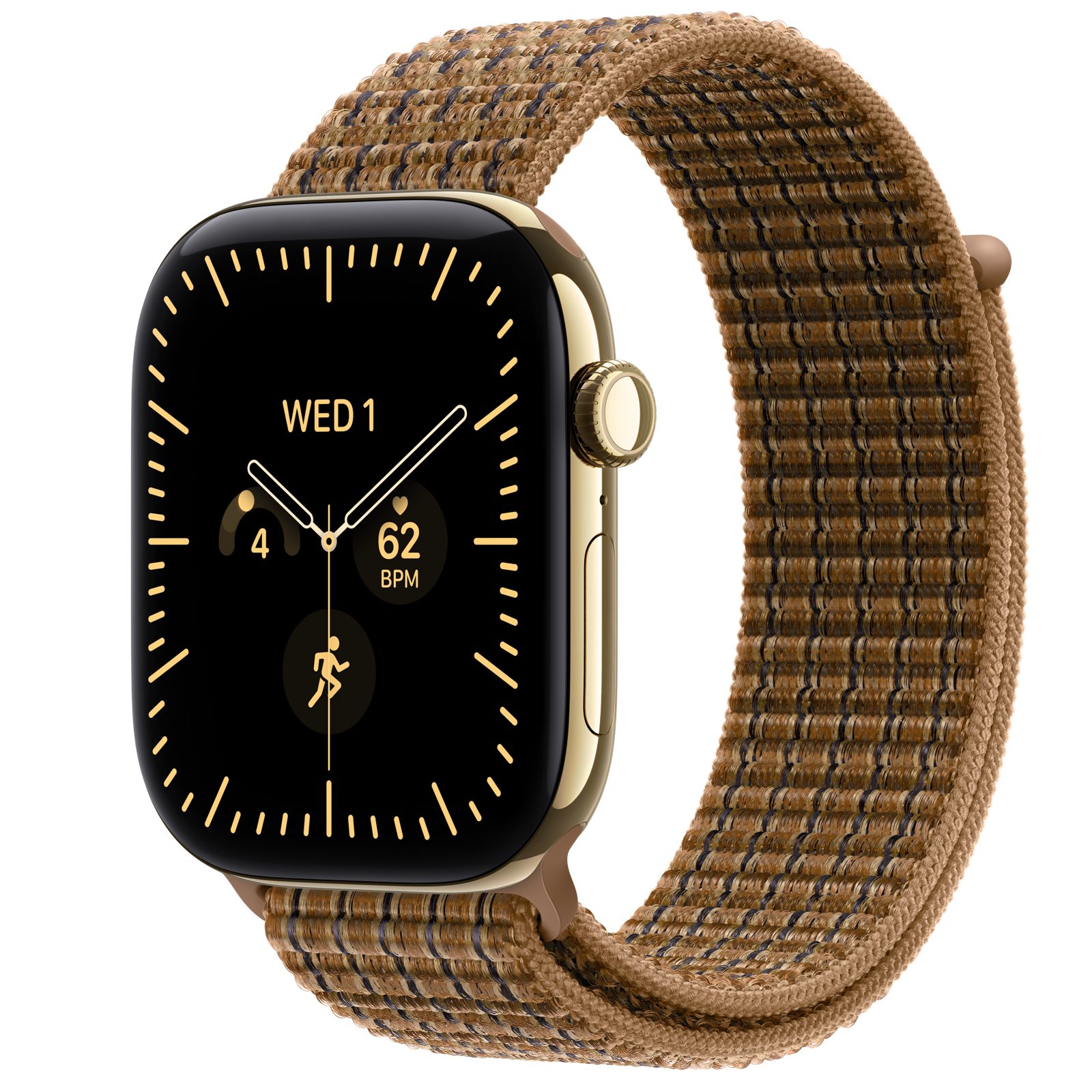 Apple Watch Series 12 (GPS + Cellular) • Titanboett skinande guld, 46 mm • Sportloop skotskrutig ljus umbra