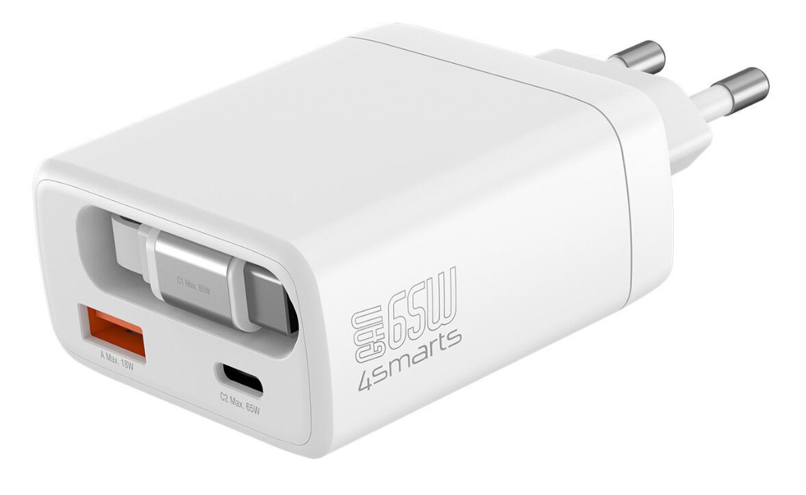 4Smarts PDPlug Jojo 65W väggladdare PD GaN med utdragbar USB-C-kabel – vit