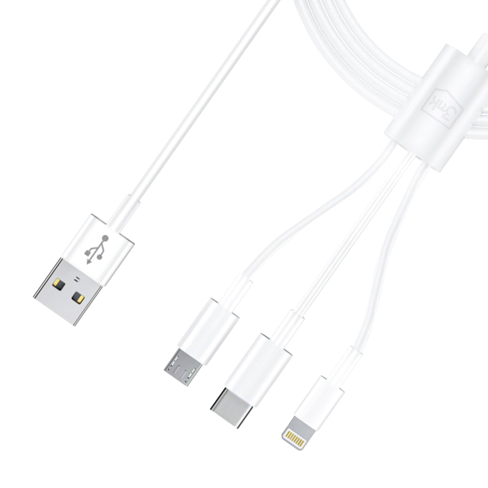 3mk-kabel 3-i-1 USB-A – micro-USB / Lightning / USB-C 1,2 m 20 V/2,4 A 15 W – vit, bild 2