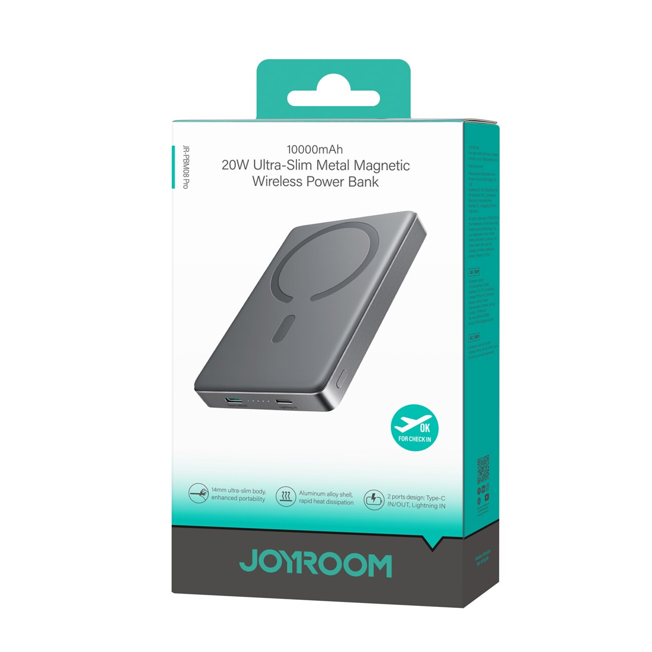 Joyroom JR-PBM08 Pro Powerbank 22,5 W 10 000 mAh med trådlös laddning och 2 USB-C-portar – grå, bild 2