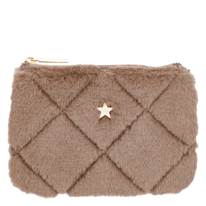 DARK Faux Fur Quilted Mini Pouch Warm Taupe