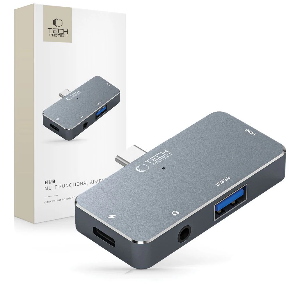 HUB Tech-Protect V6 4in1 USB-C - USB-A 3.0 / USB-C PD100W / HDMI / minijack 3,5mm - grå