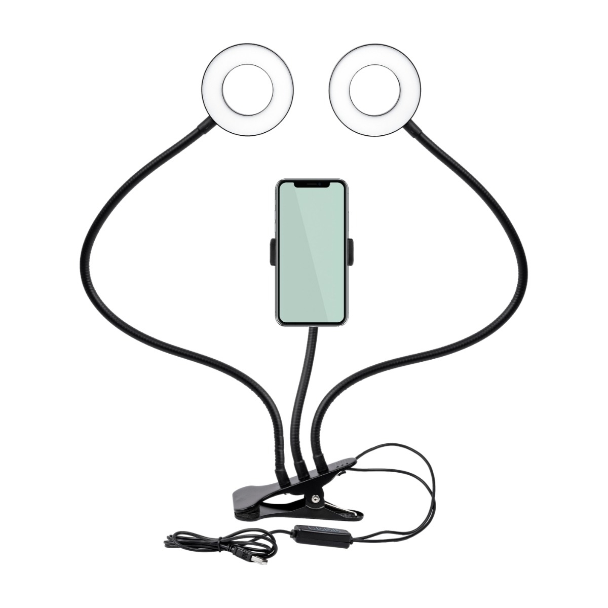 Dacota Platinum 9 cm dubbel ringlampa med telefonhållare, svart