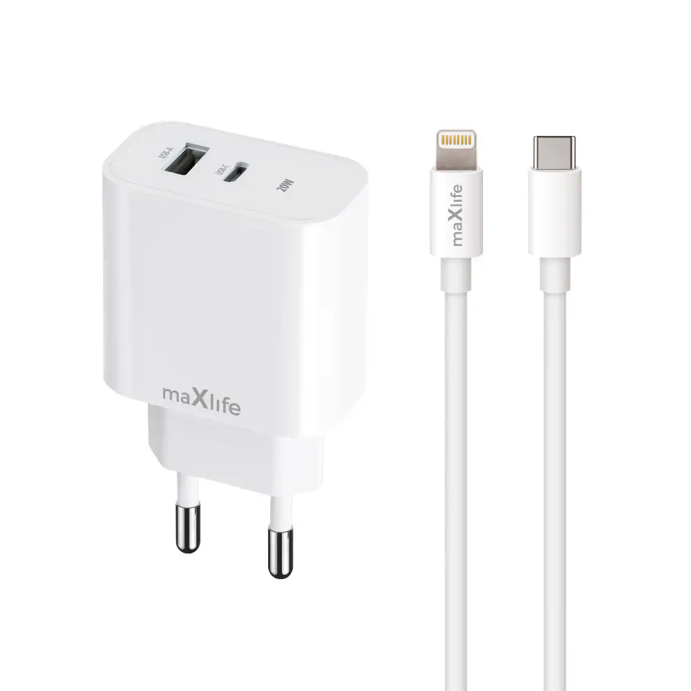 USB-Laddare PD QC 20W med USB och USB-C + Lightning-Kabel
