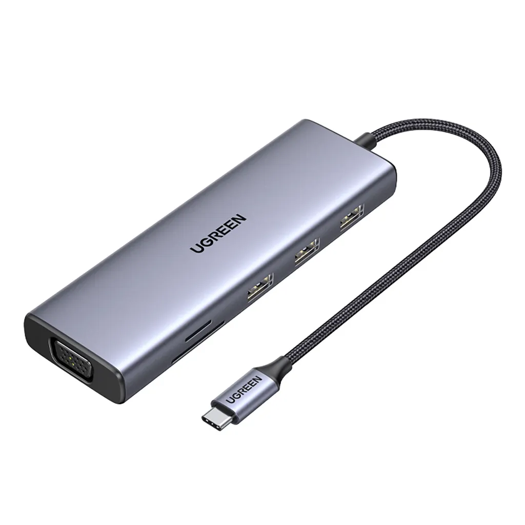 Ugreen USB-C Adapter till 3x USB-A / HDMI / VGA / RJ45 / SD / TF / PD – Grå