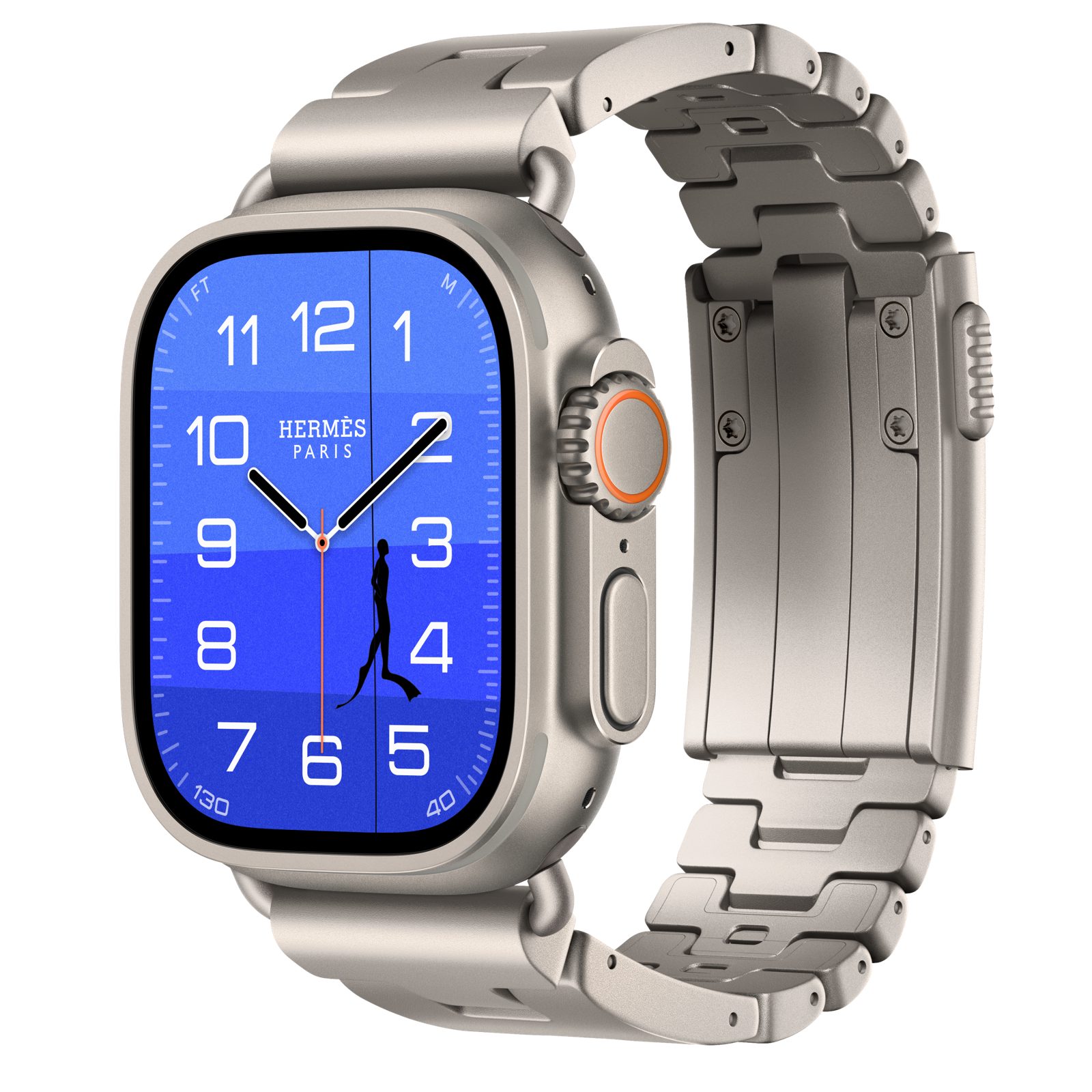 Apple Watch Hermès Ultra 4 (GPS + Cellular) • Titanboett naturlig, 49 mm • Grand H Titane i Gris Titane