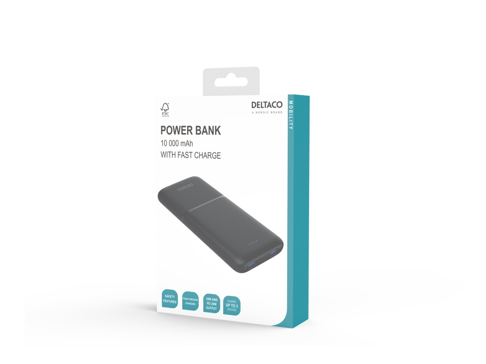 Deltaco Powerbank 10 000 mAh, 2x USB-A 18 W, 1x USB-C PD 20 W - Svart