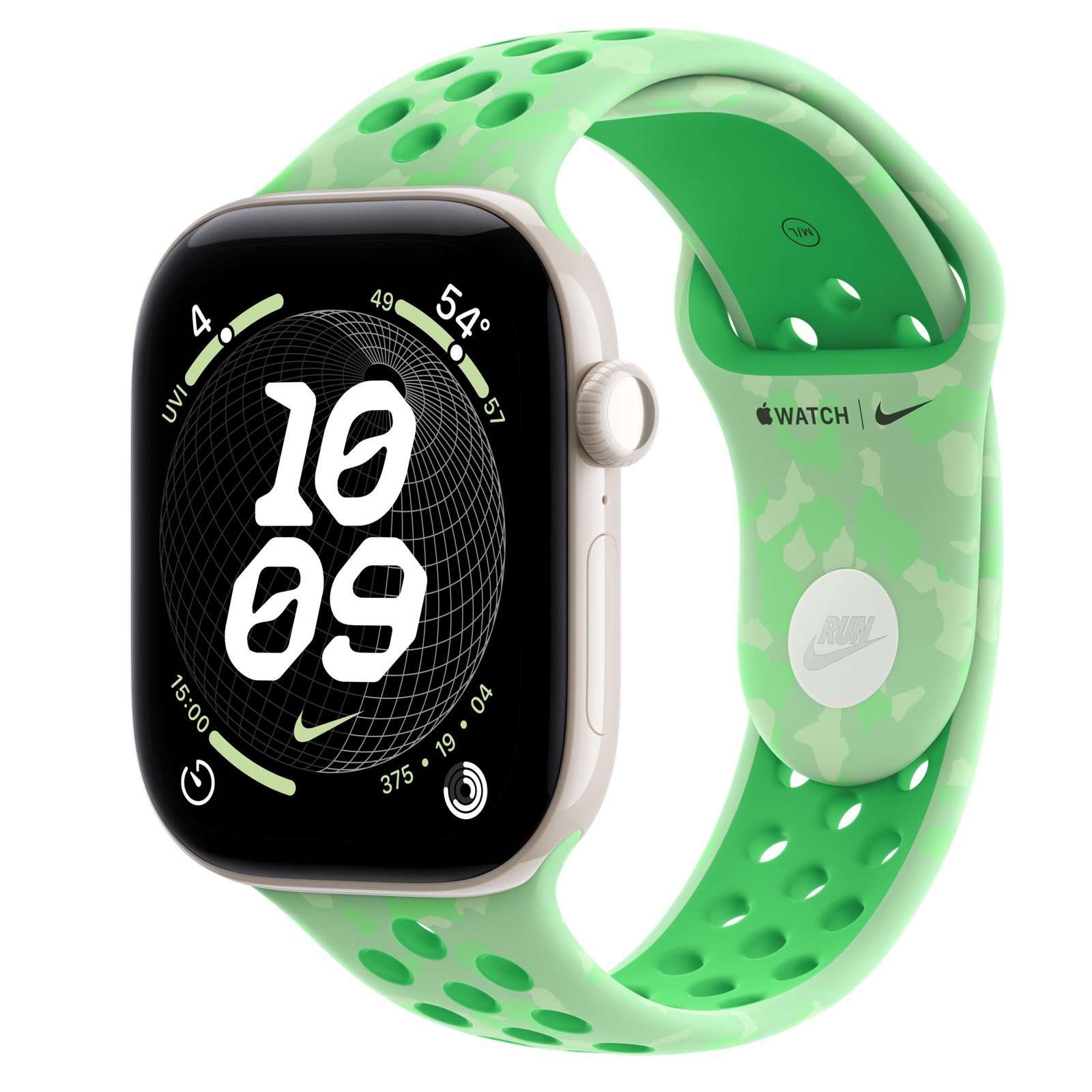 Apple Watch Series 12 (GPS + Cellular) • Keramikboett pärlvit, 46 mm • Nike-sportband i Green Spark
