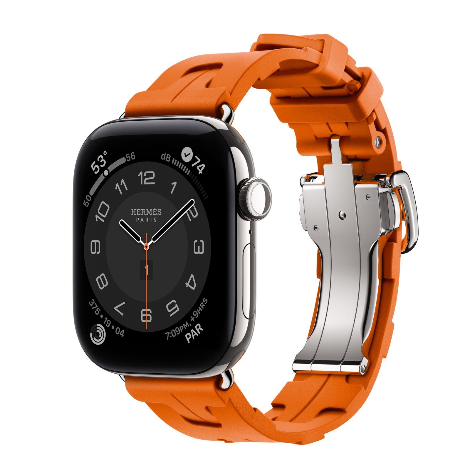 Apple Watch Hermès Series 12 (GPS + Cellular) • Titanboett silver, 42 mm • Kilim Simple Tour i Orange