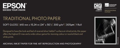 Epson Traditional Photo Paper, 24"/610mm, 300g/m2, rulle 15 meter