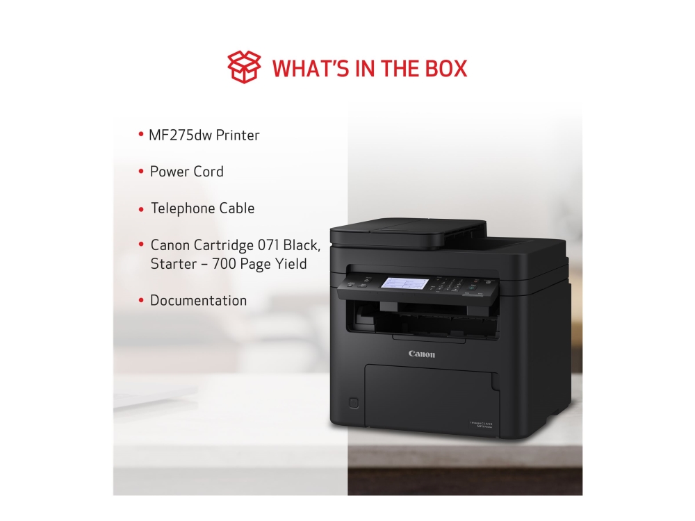 Canon i-SENSYS MF275dw - Multifunktionsskrivare - svartvit - laser - A4 (210 x 297 mm), Legal (216 x 356 mm) (original) - A4/Legal (media) - upp till 29 sidor/minut (kopiering) - upp till 29 sidor/minut (utskrift) - 150 ark - 33.6 Kbps - USB 2.0, LAN, Wi-Fi(n)
