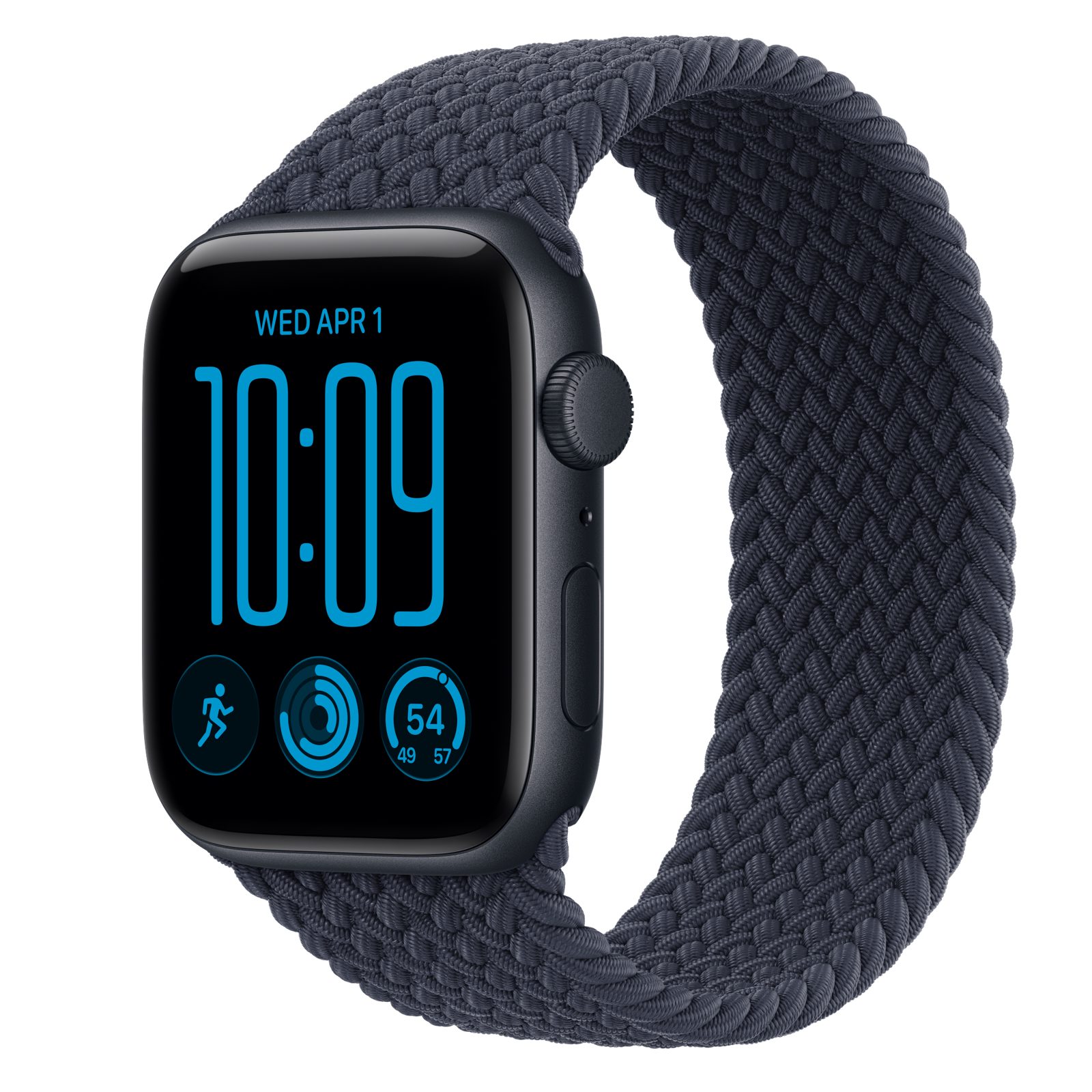 Apple Watch SE 3 (GPS) • Aluminiumboett midnatt, 44 mm • Flätad sololoop marinblå