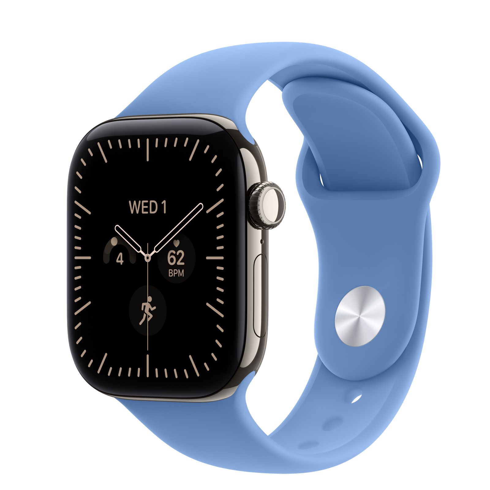 Apple Watch Series 12 (GPS + Cellular) • Titanboett naturlig, 42 mm • Sportband ängsblå