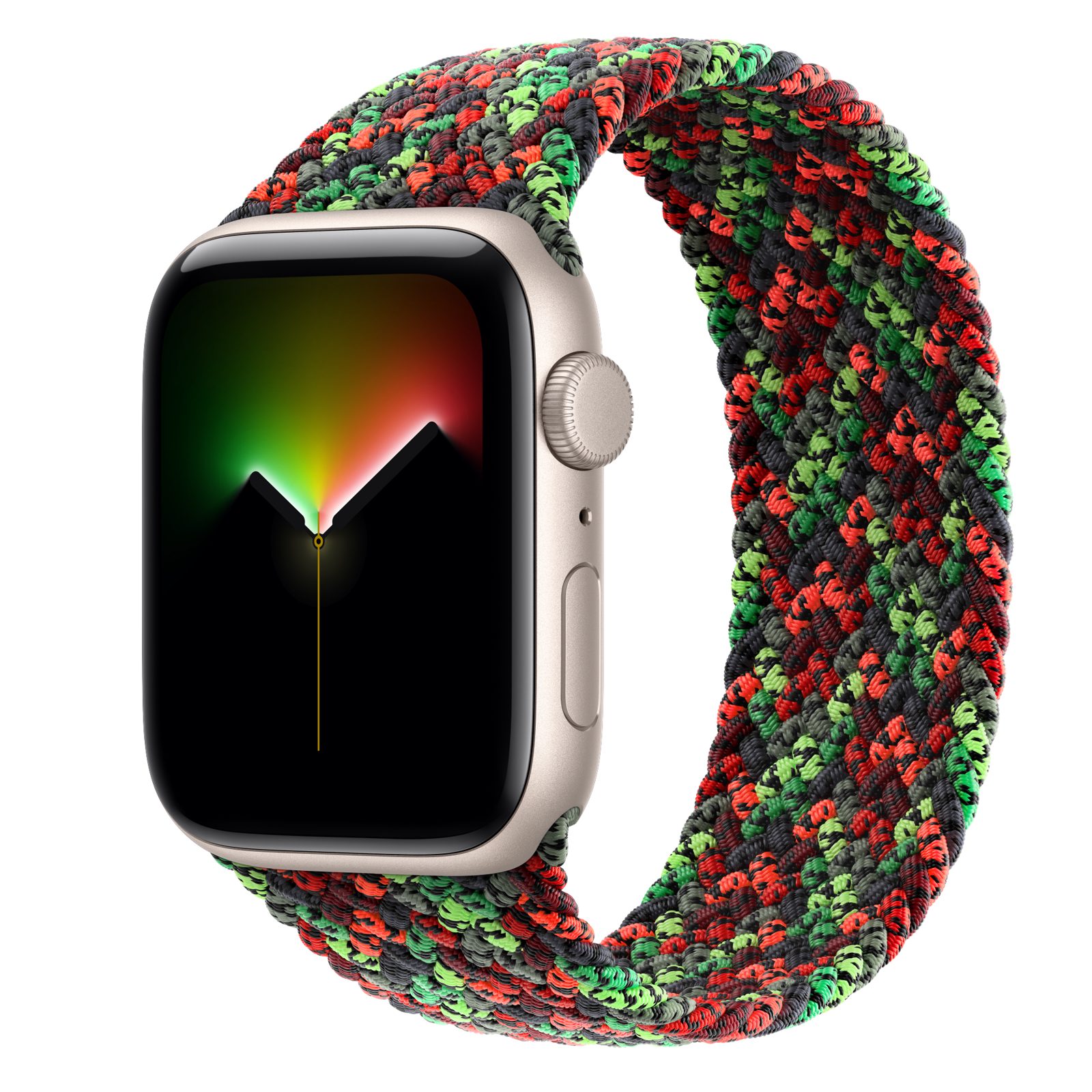 Apple Watch SE 3 (GPS) • Aluminiumboett stjärnglans, 44 mm • Flätad sololoop i Black Unity – Unity Connection