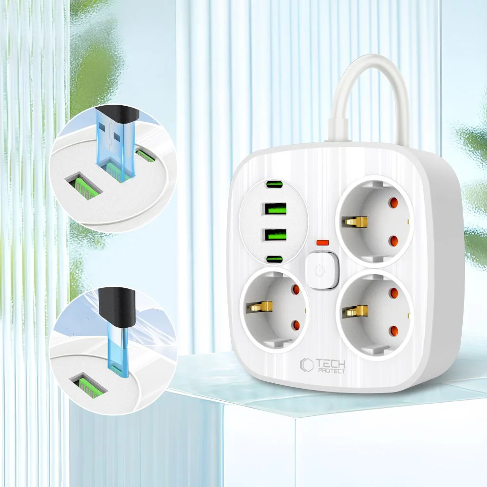 Tech-Protect PCS3X4 grenuttag, 3 uttag, 2xUSB-A, 2xUSB-C 200 cm - vit, bild 3