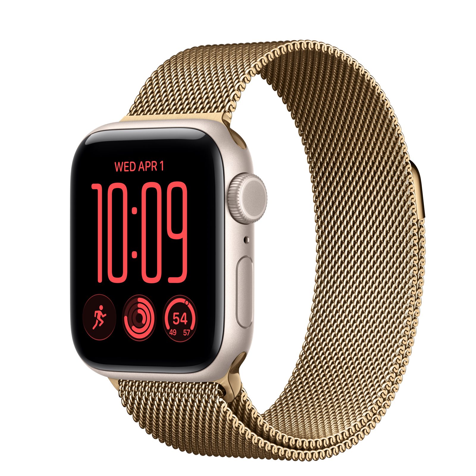Apple Watch SE 3 (GPS + Cellular) • Aluminiumboett stjärnglans, 40 mm • Milanesisk loop skinande guld