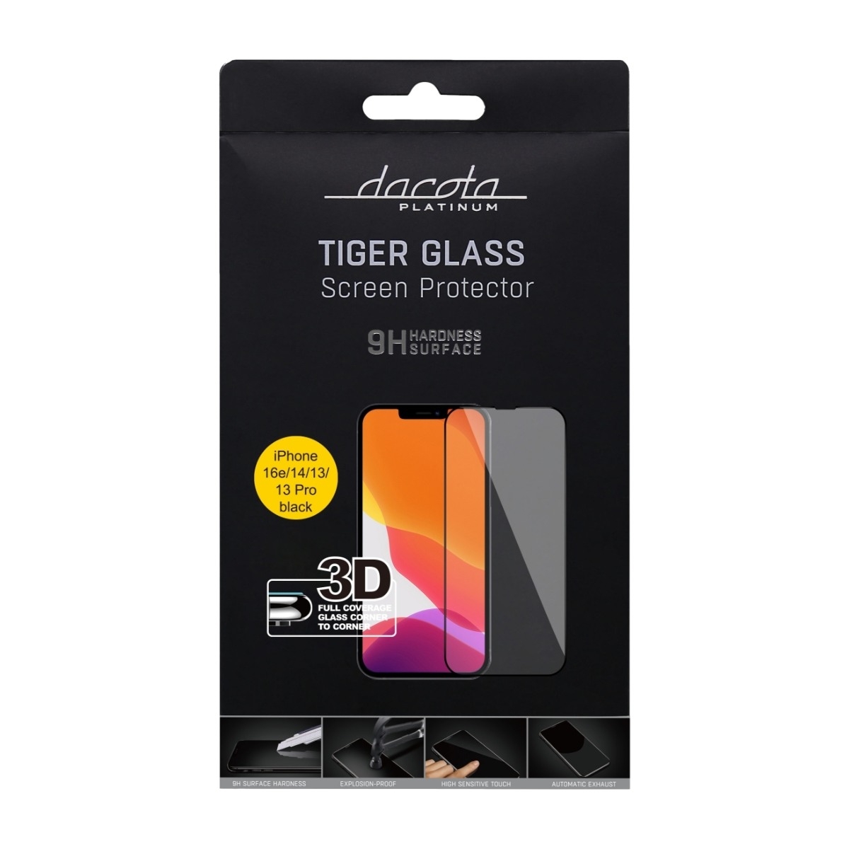 Dacota Platinum iPhone 17e/16e/14/13/13 Pro Tiger Glass 3D skärmskydd, svart