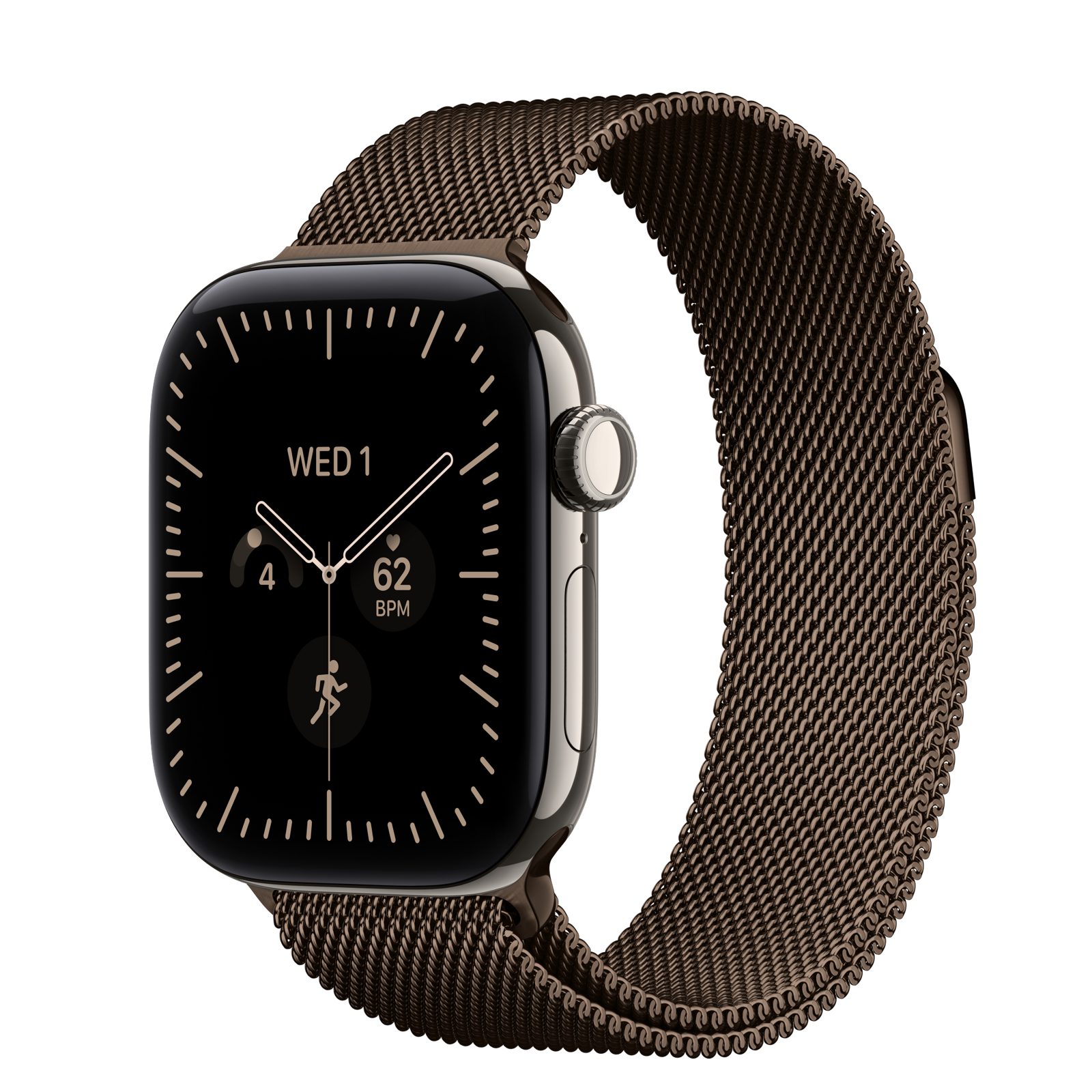 Apple Watch Series 12 (GPS + Cellular) • Titanboett naturlig, 42 mm • Milanesisk loop mörk brons