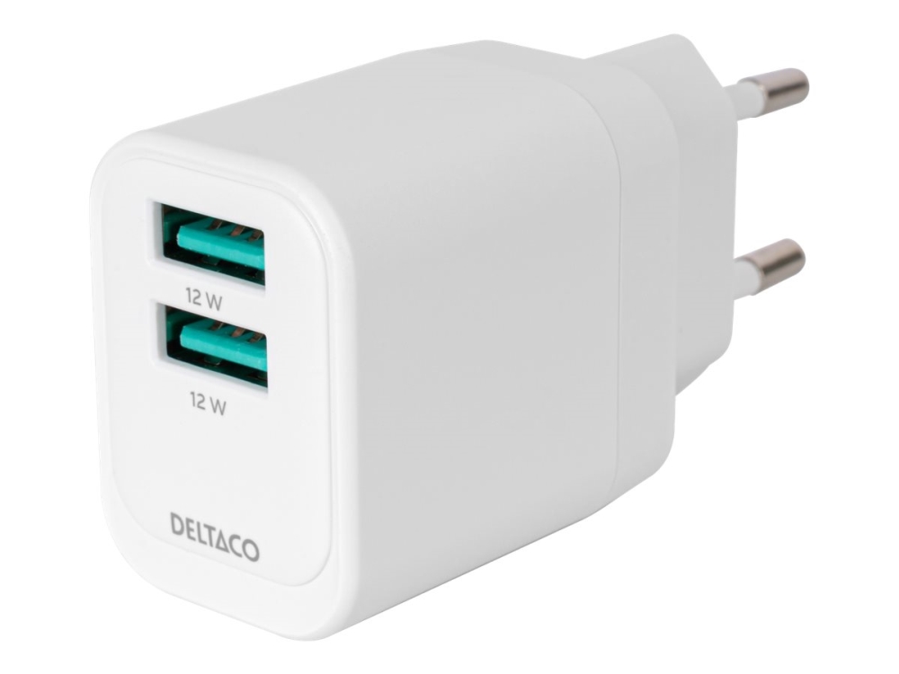 DELTACO - Strömadapter - 12 Watt - 2 utdatakontakter (USB) - vit, bild 2