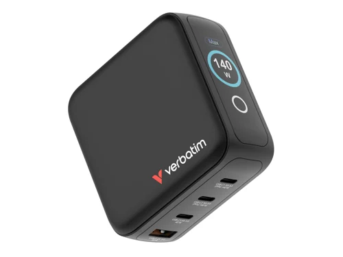 AC-adapter Verbatim Mini GaN Charger 140W with Display, 3xUSB-C / 1xUSB-A, inkl. reseadapter EU/UK/US, bild 2