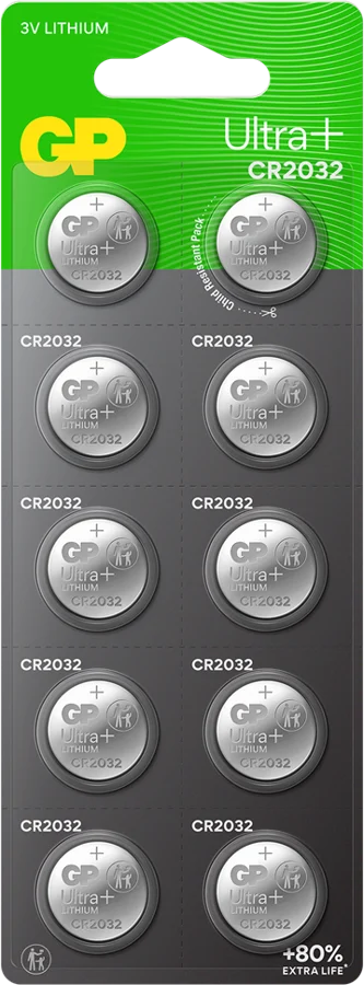 GP Ultra Plus Litiumbatteri Knappcell CR2032, 3V, 10-pack