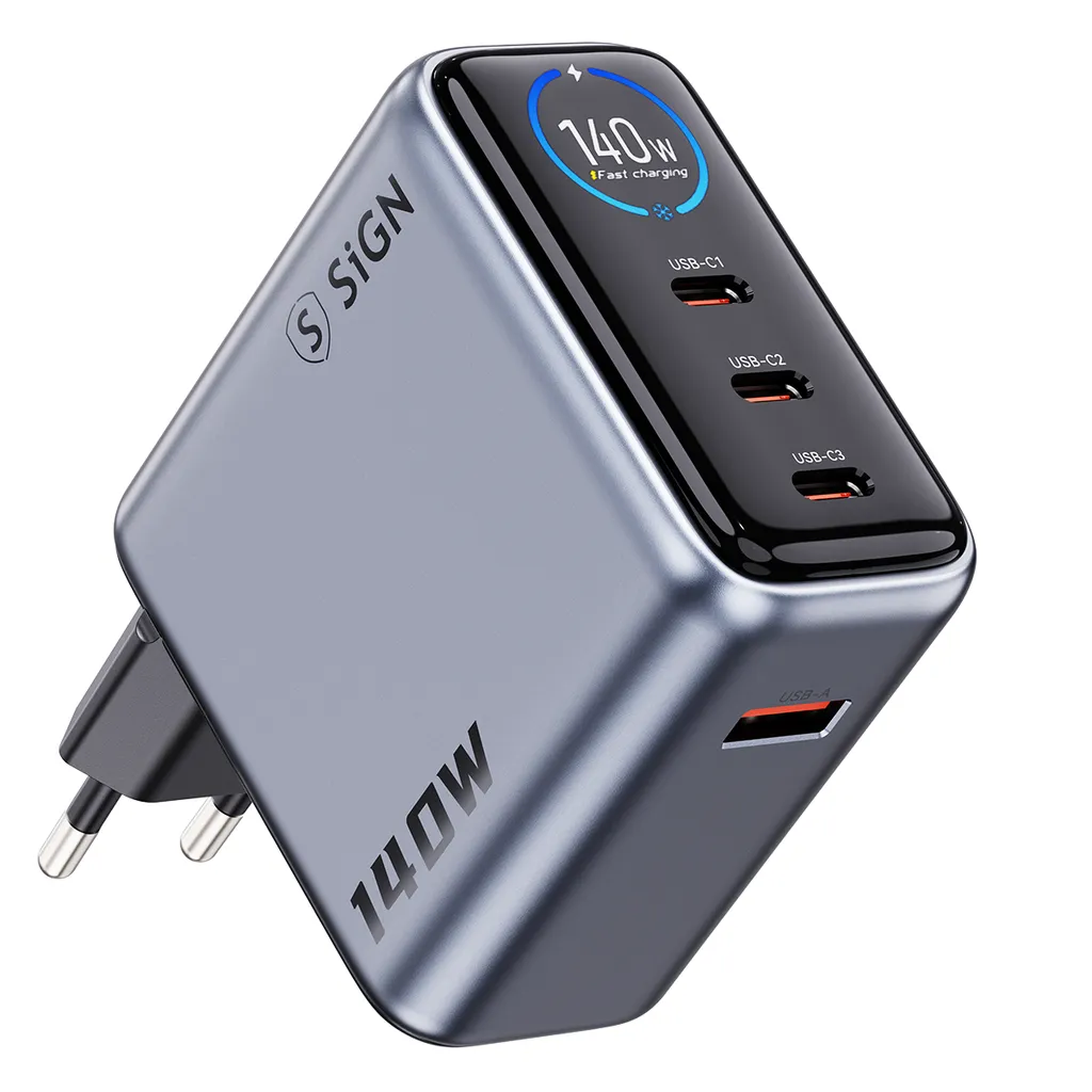 SiGN 140W Snabbladdare med Smart Display – 3x USB-C / 1x USB-A - Grå