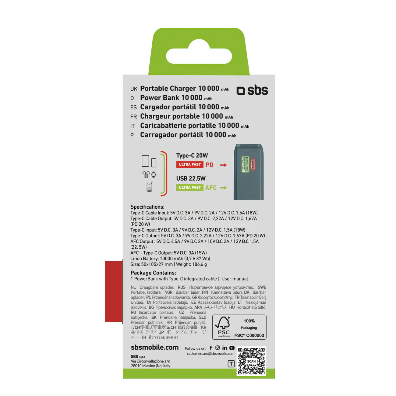 Powerbank SBS 10000 mAh 20W med inbyggd USB-C-kabel och digital display - grå, bild 3
