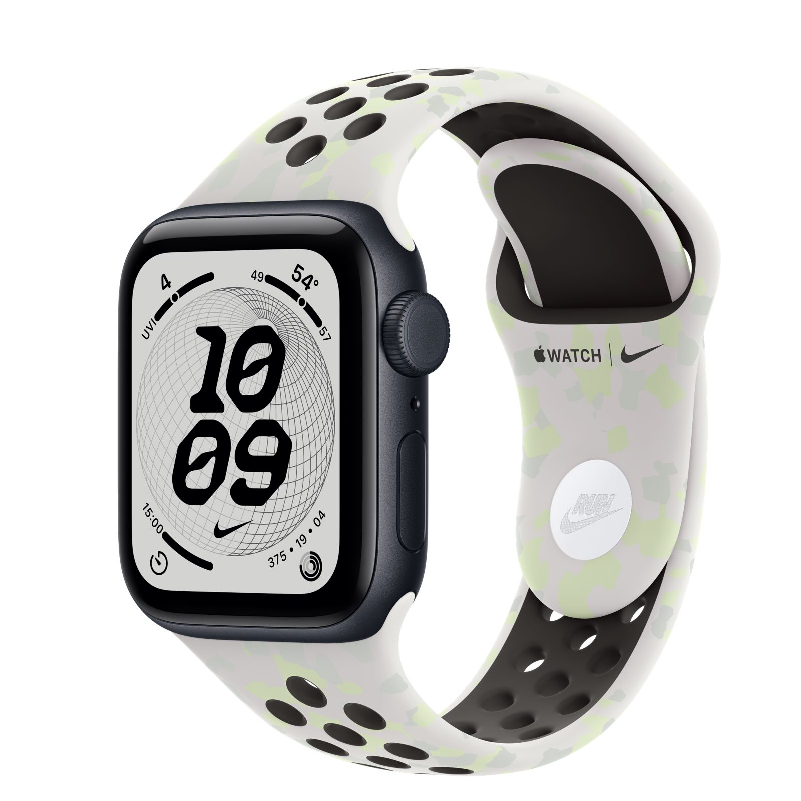 Apple Watch SE 3 (GPS + Cellular) • Aluminiumboett midnatt, 40 mm • Nike-sportband i Essential White