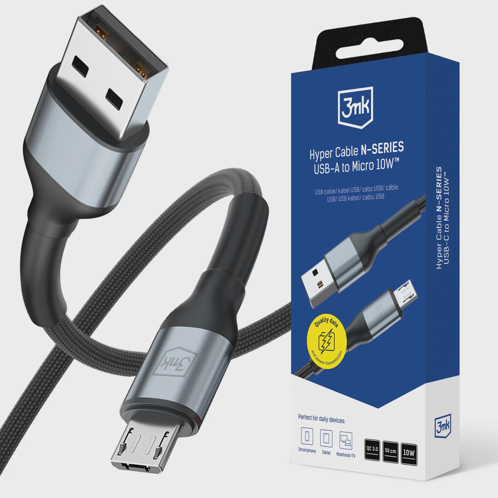 3mk Hyper Cable N-SERIES USB-A / MicroUSB 50 cm QC 3.0 5 V/2 A 10 W – svart