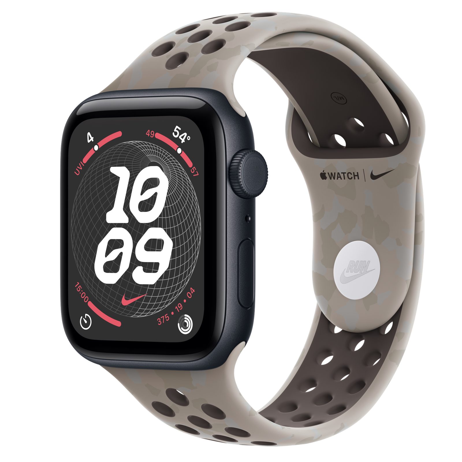 Apple Watch SE 3 (GPS + Cellular) • Aluminiumboett midnatt, 44 mm • Nike-sportband i Pavement Grey