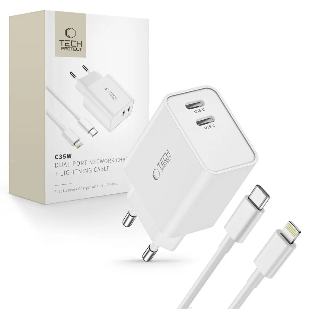 Tech-Protect C35W 2x USB-C PD 35W väggladdare med USB-C / Lightning-kabel – vit