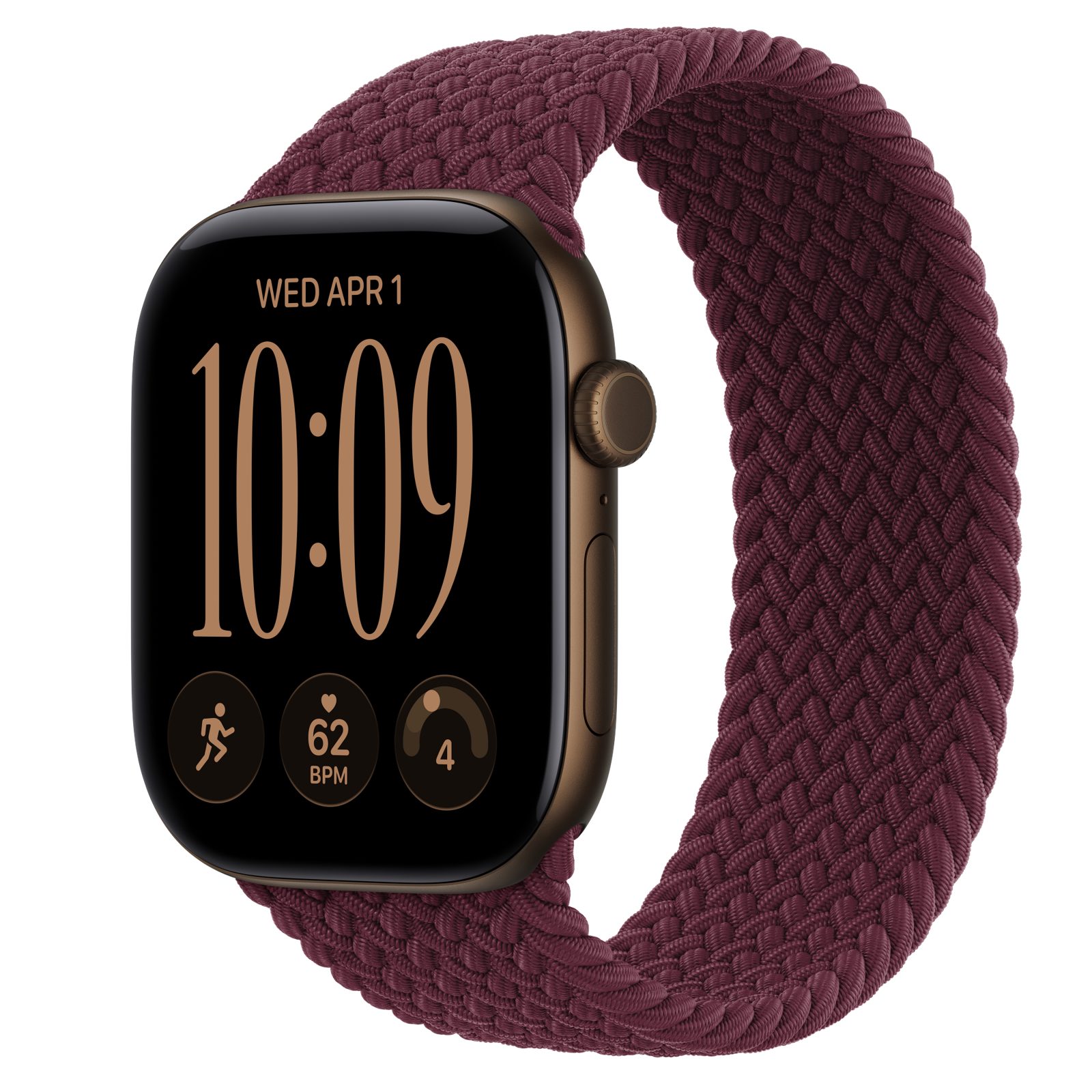 Apple Watch Series 12 (GPS) • Aluminiumboett mörk brons, 46 mm • Flätad sololoop bourgogne