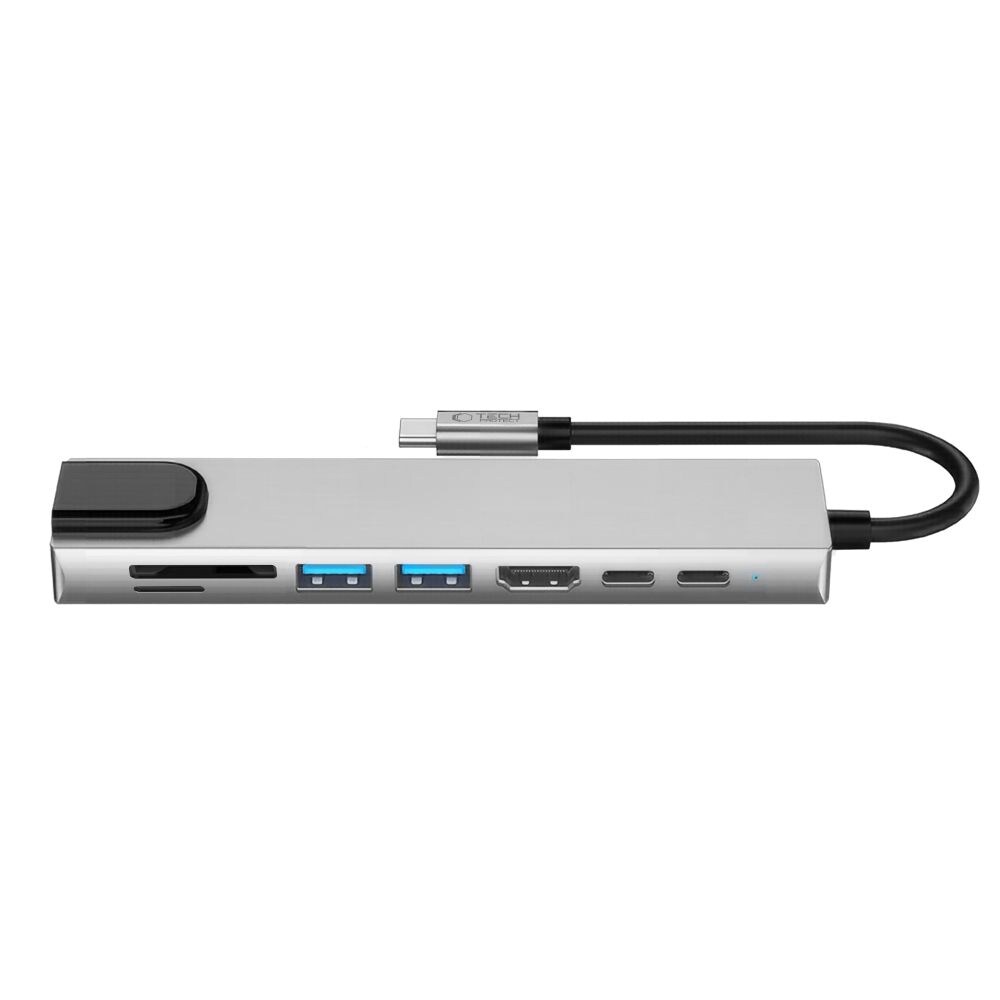 Tech-Protect HB09 USB-hubb 8-i-1: USB-C/USB-A 3.0, HDMI 4K 60Hz, SD/TF, PD 100W, RJ45 – grå, bild 3