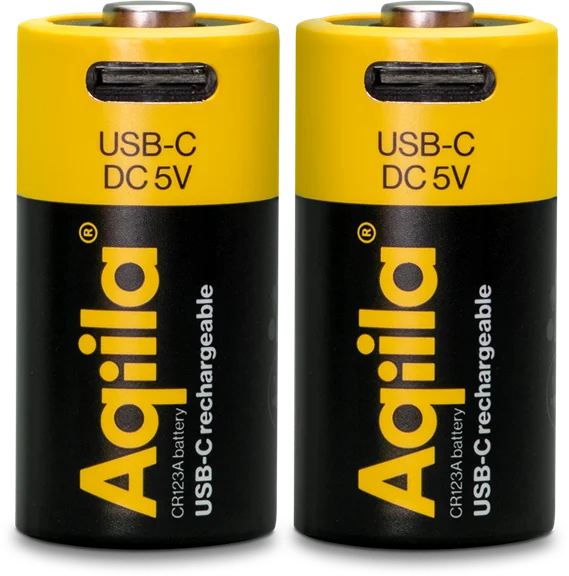 Aqiila USB-C Rechargeable Battery, CR123A, 750 mAh, 2-pack