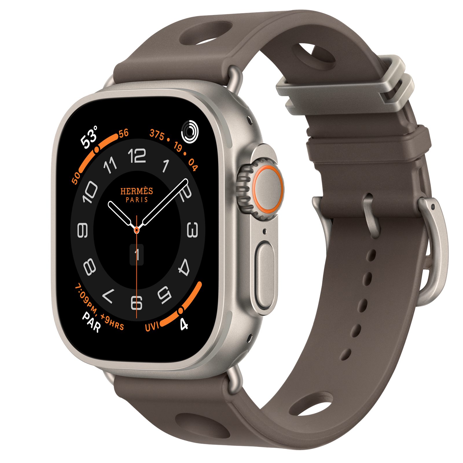 Apple Watch Hermès Ultra 4 (GPS + Cellular) • Titanboett naturlig, 49 mm • Scub’H Diving i Gris Titane