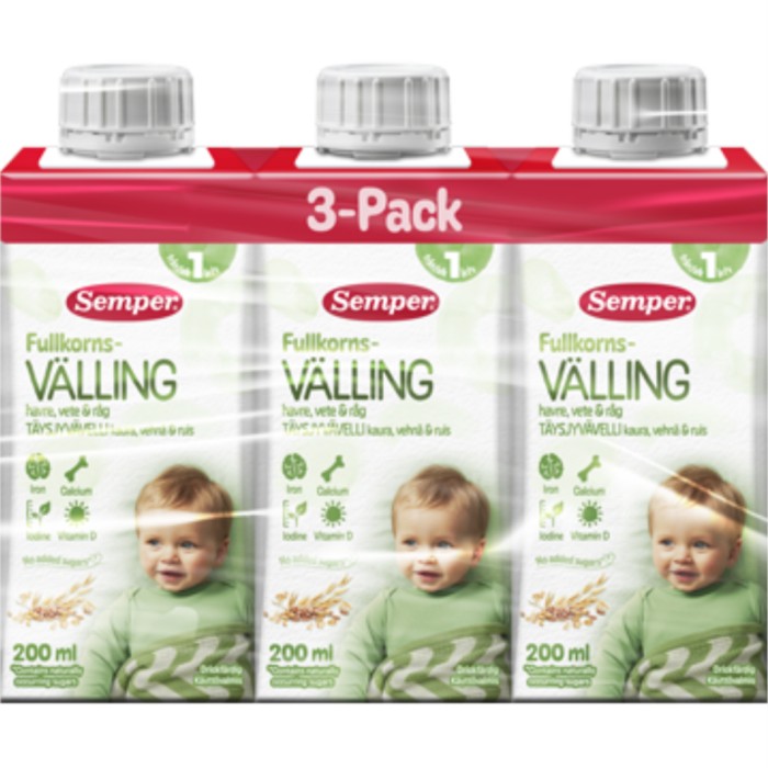 Semper Fullkornsvälling havre, vete & råg, 1 år, Drickfärdig 3 x 200 ml