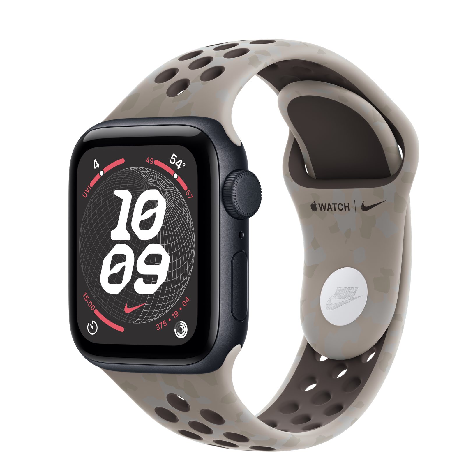 Apple Watch SE 3 (GPS) • Aluminiumboett midnatt, 40 mm • Nike-sportband i Pavement Grey